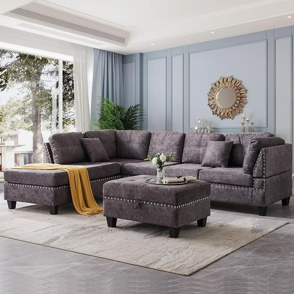 

Living Room Furniture Sets,Modular Sectional Sofa Set with Storage Ottoman and Two Small Pillow,Sofas Couches Reversible Chaise