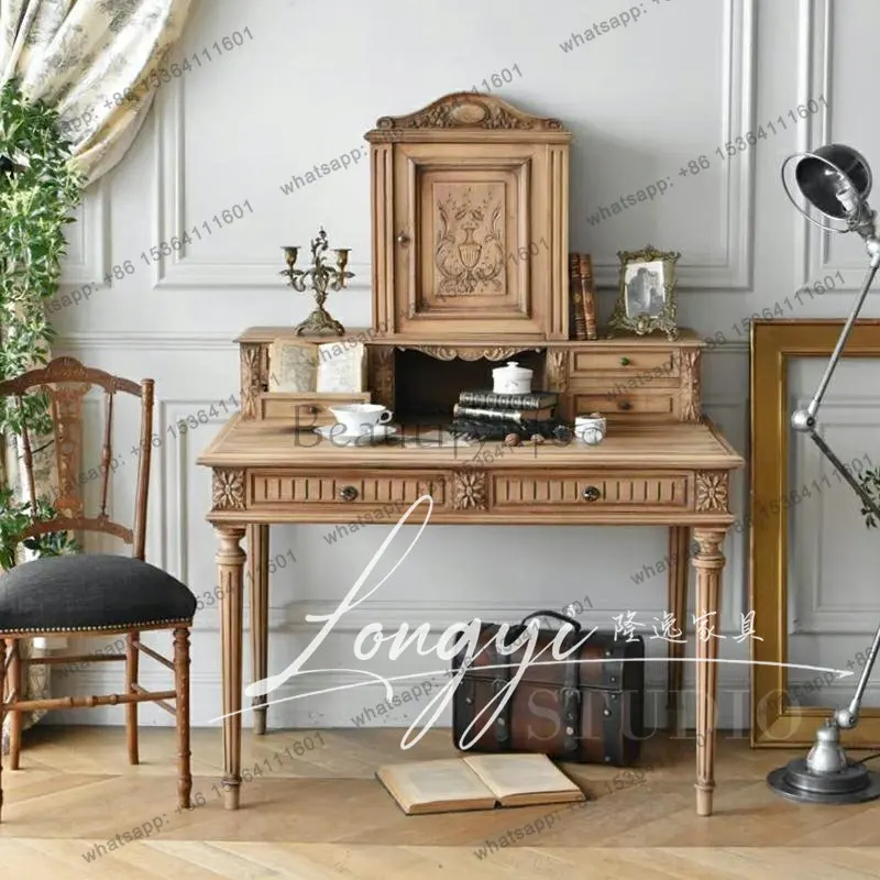 French retro solid wood dresser carved medieval furniture writing desk makeup table
