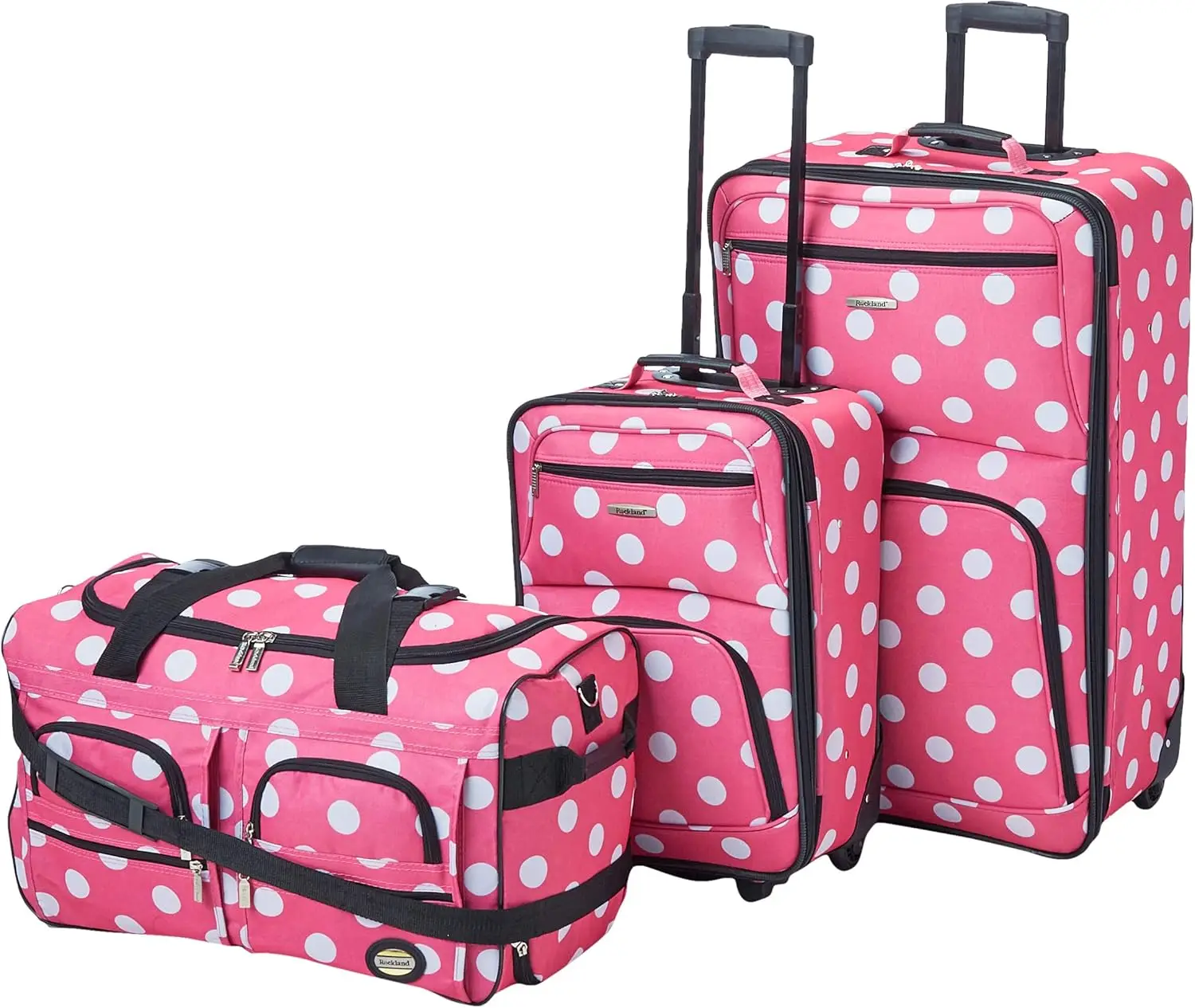 

Expandable 3-Piece Upright Luggage Set, Lightweight with Telescopic Handle and Wheels, Pink Dots Design, Sizes 20/22/28 Inches