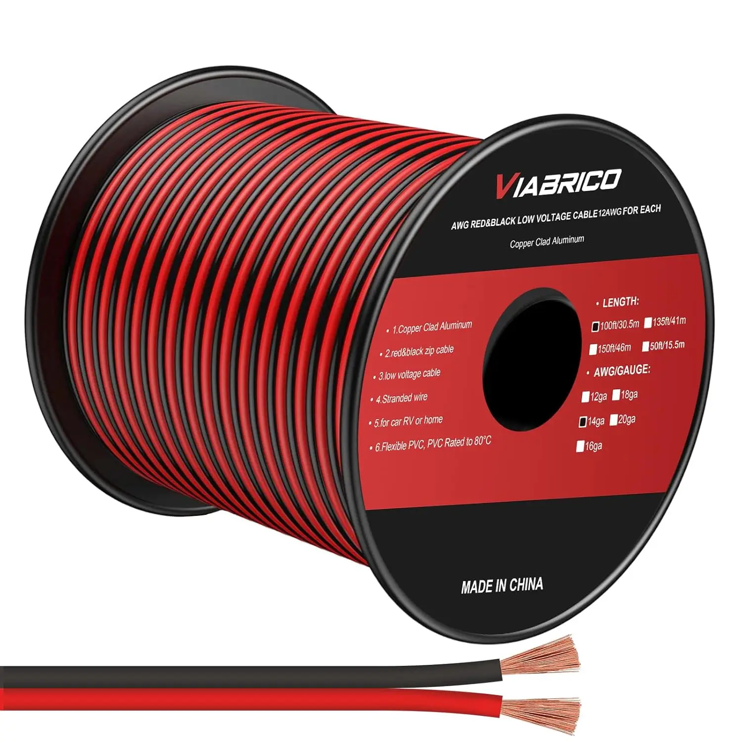 

14AWG 100FT Electrical Wire 2 Conductors Red Black Hookup LED Lighting Strips Flexible Extension Cord CCA 12V/24V DC