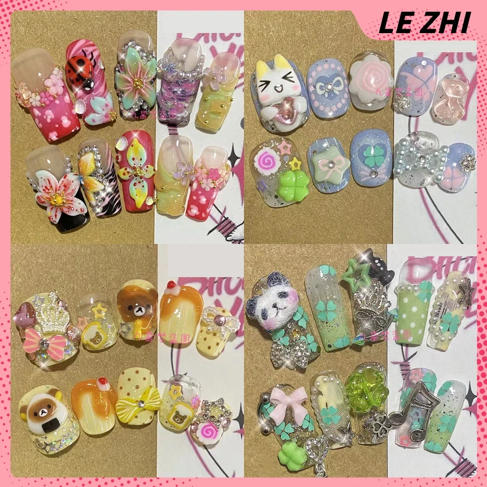 Kawaii Handmade Square Press On Nails Art Party Stickers Cute Hellokitty Flower Panda Bear Animal Niestandardowe akrylowe sztuczne paznokcie