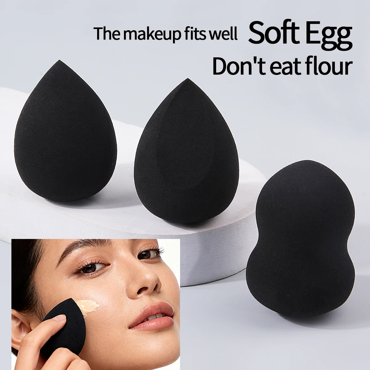 3/5 PCS Conjunto de esponja de maquiagem preta mais vendida, uma ferramenta de maquiagem facial de dupla finalidade seca e úmida, sem pó e fácil de limpar