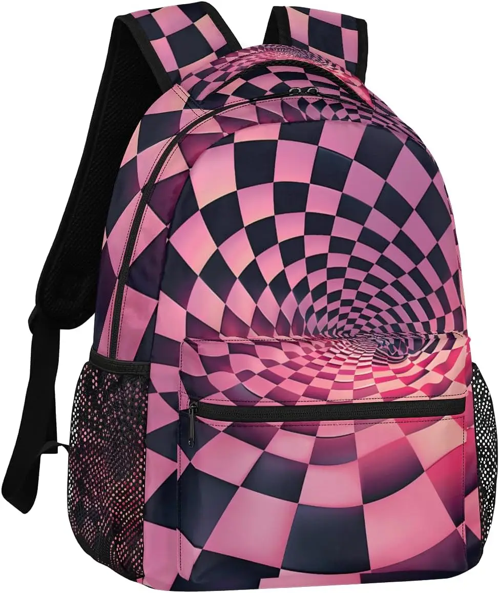 Black And Pink Checkerboard Travel Backpack 18 Inch For Women Men Water Resistant Shoulder Rucksack Daypack For Nurse Work