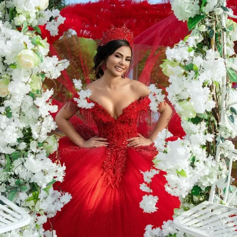 

Customized Shiny Red Quinceanera Dresses Off the Shoulder sequin applique crystal layering Long tail Vestido 15 Quinceanera