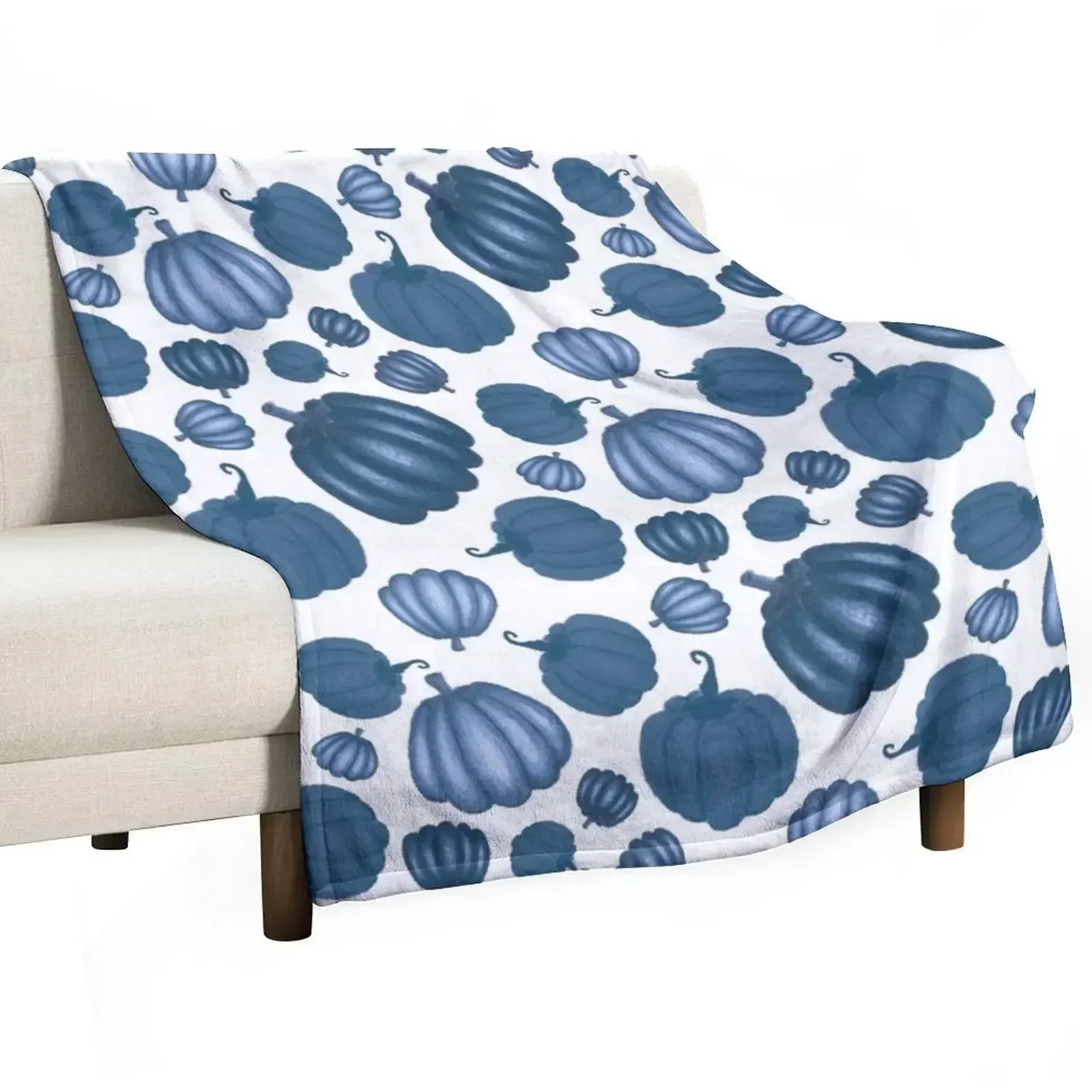 Halloween Fall Pattern Pretty Blue Pumpkins on White Throw Blanket Quilt anime decorative Soft Plaid Blankets