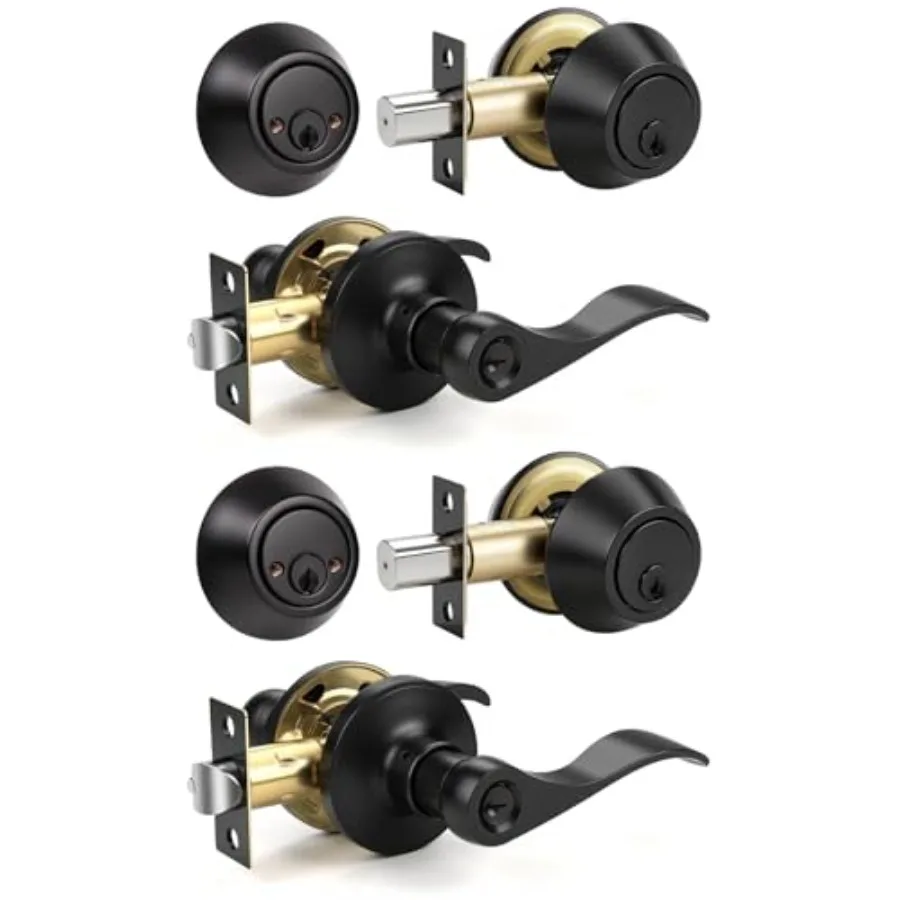 

2 Set Entry Door Lever and Deadbolt Lock Set, Deadbolts Keyed Both Sides, All Keyed Same, Wave Style Front and Exterior Door Ha