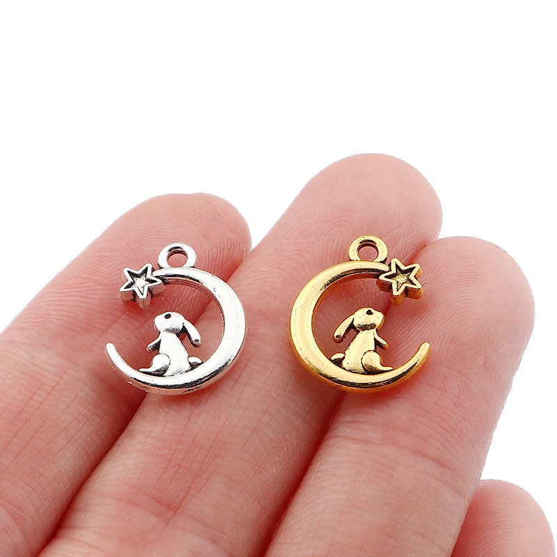50PCS Silber/Gold Farbe Niedlichen Häschen Kaninchen Auf Halbmond Charms Anhänger 2 Seitige Für Armband Halskette Ohrring schmuck Machen