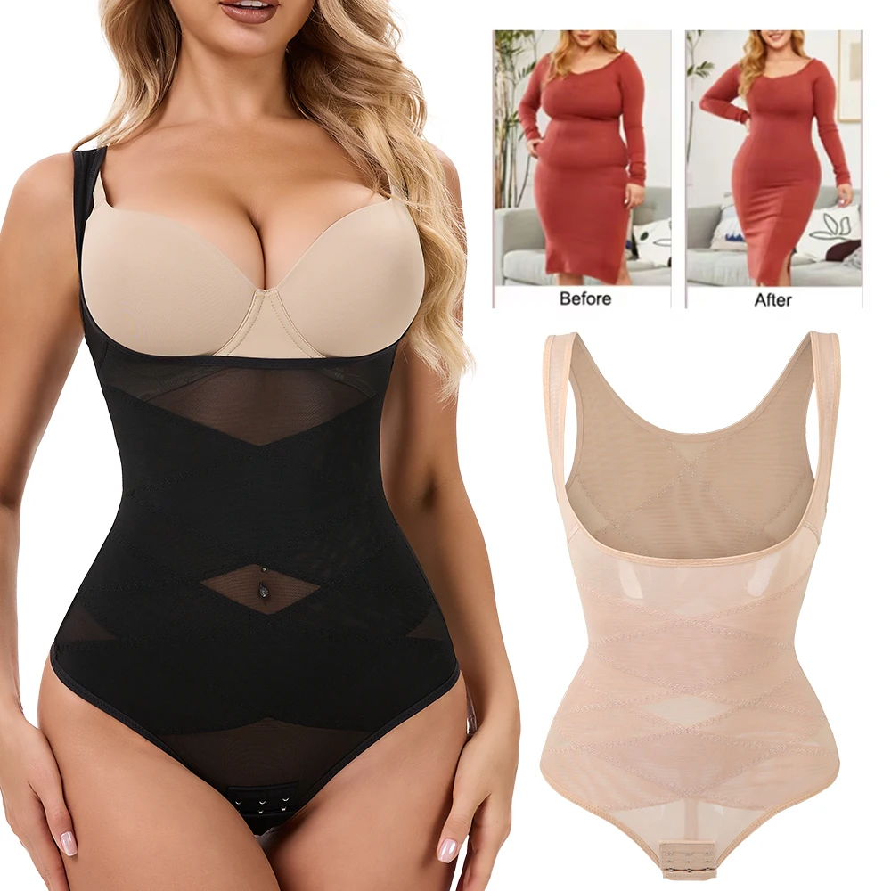 

Women Sexy Mesh Cross Shapewear Patchwork Thong Comfortable Tummy Reducer Waist Slimmer Lingeries Bodysuit Hip Enhancer Corsets