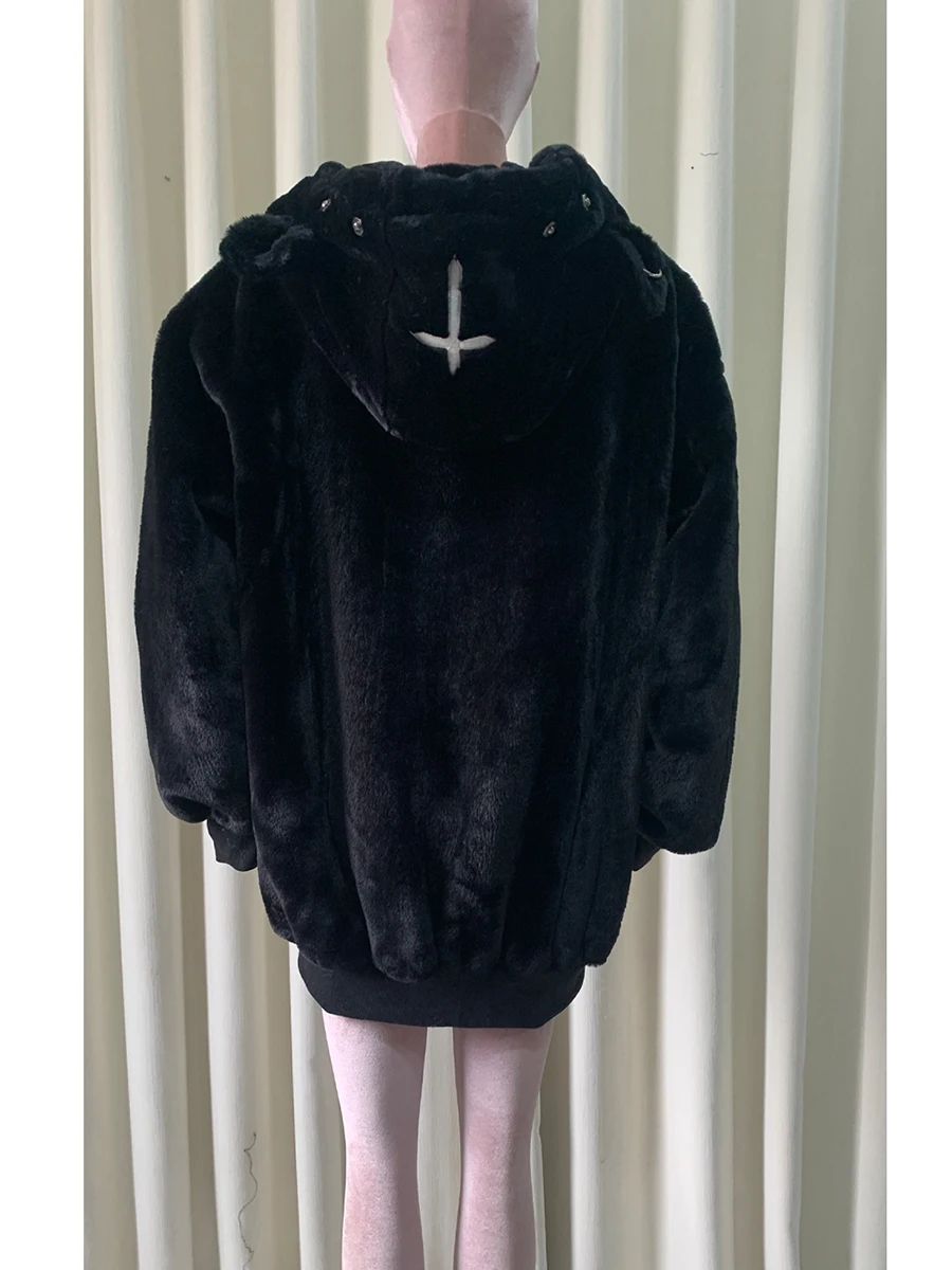 Autumn Winter Warm Thick Soft Faux Fur Hoodie Women with Bear Ears Loose White Punk Style Fluffy Jacket Hoodie Streetwear 2025