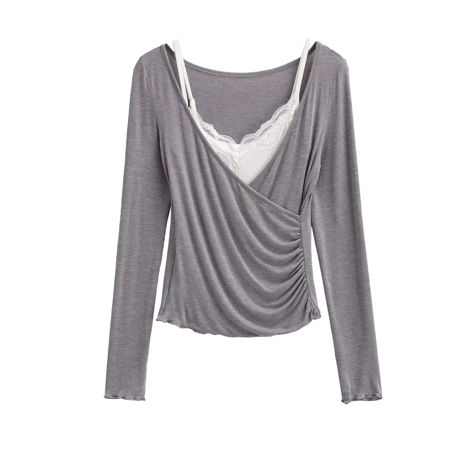 Camiseta larga azul v-ne Sve para mujer, conjunto Sexy de puro deseo de otoño, chaleco con tirantes, Top en capas, conjunto de dos piezas con adornos de encaje para ir al trabajo