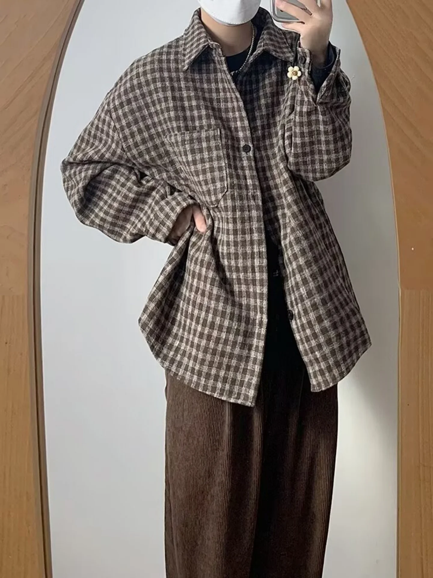 Vintage Plaid Brushed Shirt Men's Loose Fit Long Sleeve Casual Style Sun Protection Chinese Production Regular Length