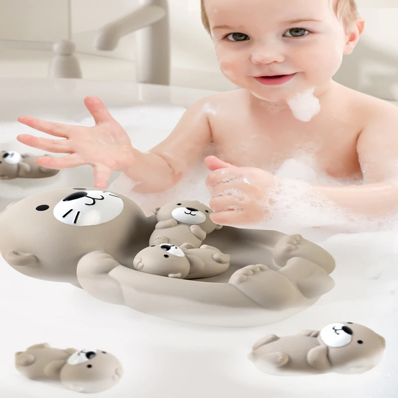 Baby Bath Toys Floating Animal Family Set Kids Bathroom Water Toys Toddlers Cognitive Cute Otter Soft Squeeze Bathtub Toys