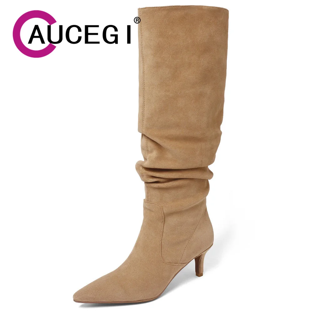 

Aucegi, осенние женские сапоги до колена, классический стиль, обувь на шпильке с острым носком, современная шикарная обувь для вечеринок, утягивающая обувь ручной работы