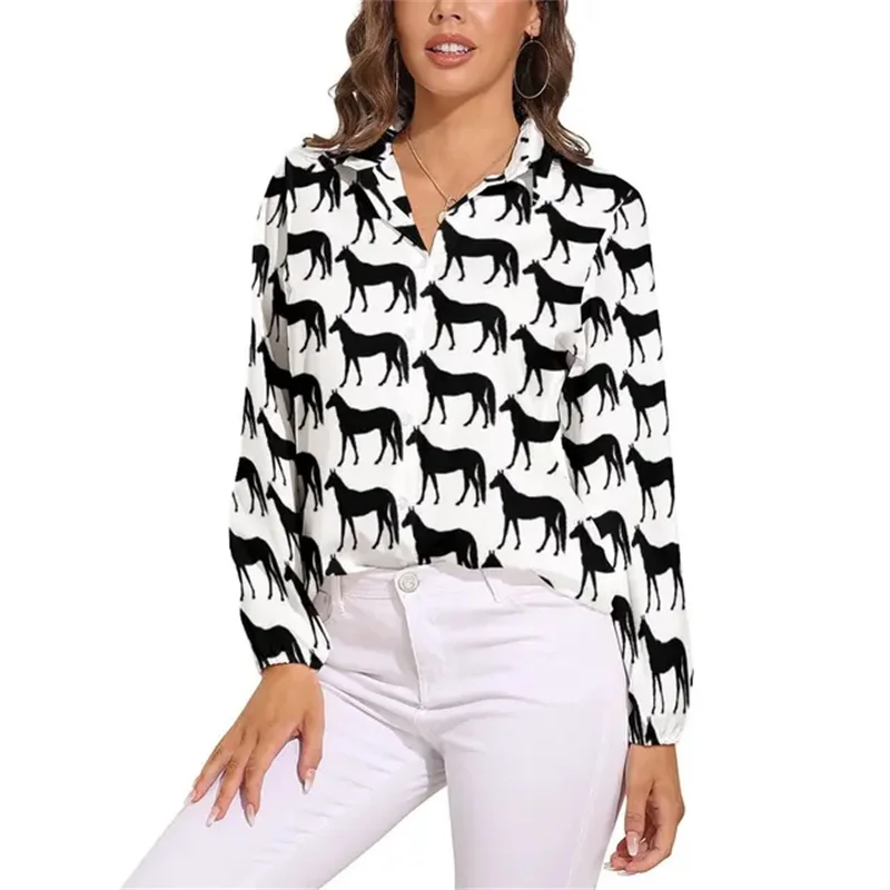 Kleurrijke paardenkunstblouse Damesoverhemden met lange mouwen Geheime paarden Racing Vintage blouses Vrouwelijke straatoverhemden Lente zomer tops