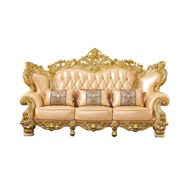 

European luxury all-solid wood leather sofa double-sided carved living room furniture whole house matching high-end solid wood