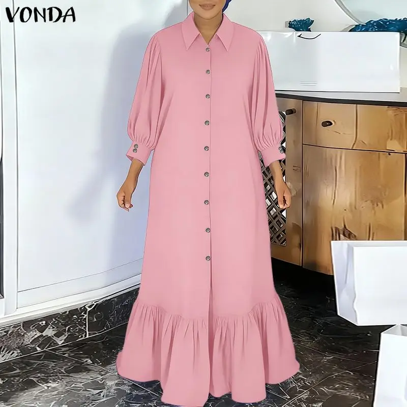 

Платья больших размеров VONDA: Женское летнее платье макси с рукавами 3/4, однотонное, с отложным воротником, повседневное, длинное, с рюшами, элегантное офисное платье-рубашка 2026