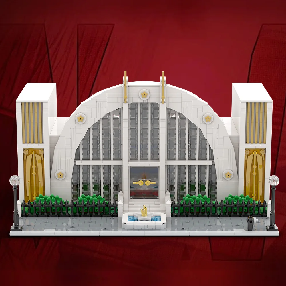 Gobricks MOC Hall de la justicia, modelo de bloques de construcción, superhéroe, arquitectura del salón de la justicia, vista a la calle, ladrillos, juguetes de ensamblaje, regalos