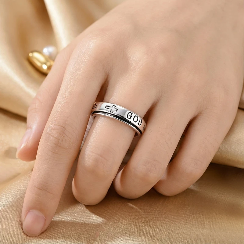Women's 925 Sterling Silver God Engraving Cross Rotatable Ring