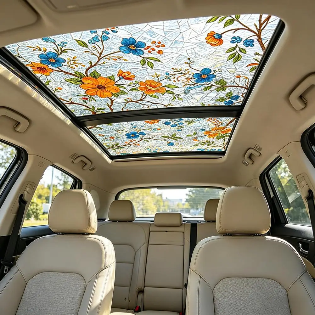 Floral Stained Glass Car Sunroof Static Cling Film Privacy Sun Protection Decal Rainbow Effect Window Sticker Sunroof Tinting view 3