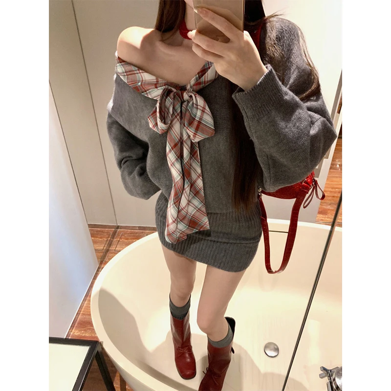 Mini abito lavorato a maglia con colletto obliquo Donna Y2K Plaid Patchwork Abiti maglione Inverno Sexy Gyaru Coreano Manica lunga Abiti aderenti