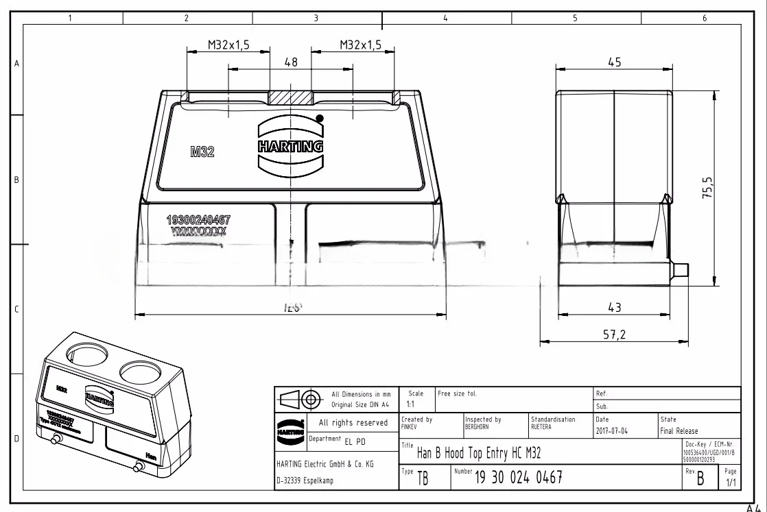 19300240467 Heavy Duty Connector HARTING HAN 24B-HTE2-M32 Double Outlet M32