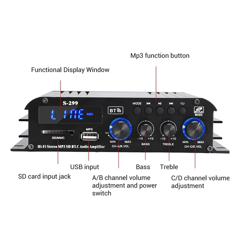 FFYY-S-299 Mini 4.1 Audio Stereo Power Amplifier BT Portable Car And Home Dual-Use 4X40W Remote Audio Amplifier EU Plug Easy Ins