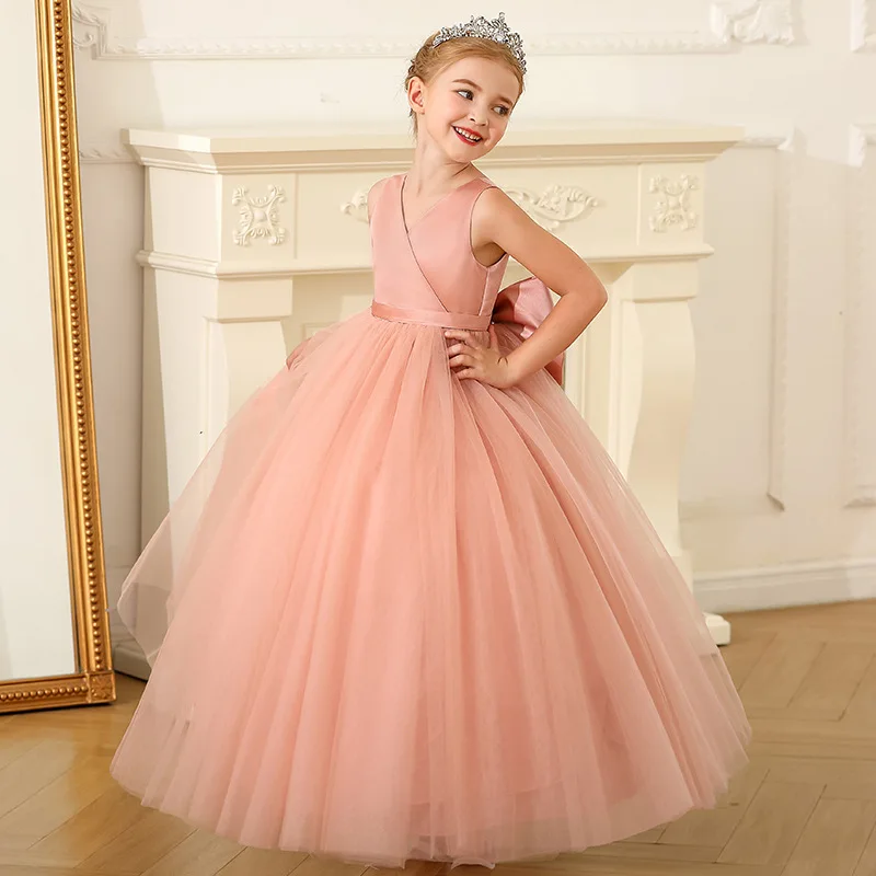 Pink Flower Girl Dresses Satin Mesh V Neck Belt With Big Bow Sleeveless For Wedding Birthday Party Banquet Princess Gowns