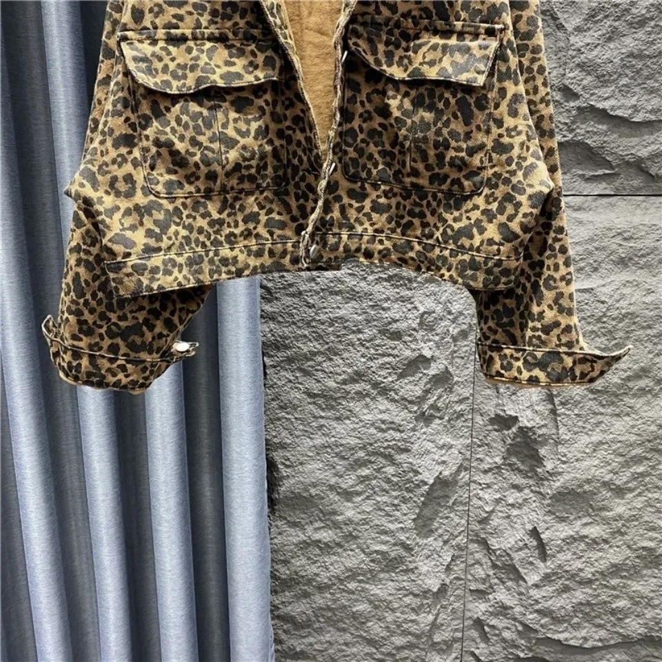 Girls Spring and Autumn Leopard Pattern Cowboy Short Coat Korean Fashion Large Pocket Loose Casual Versatile Denim Coat