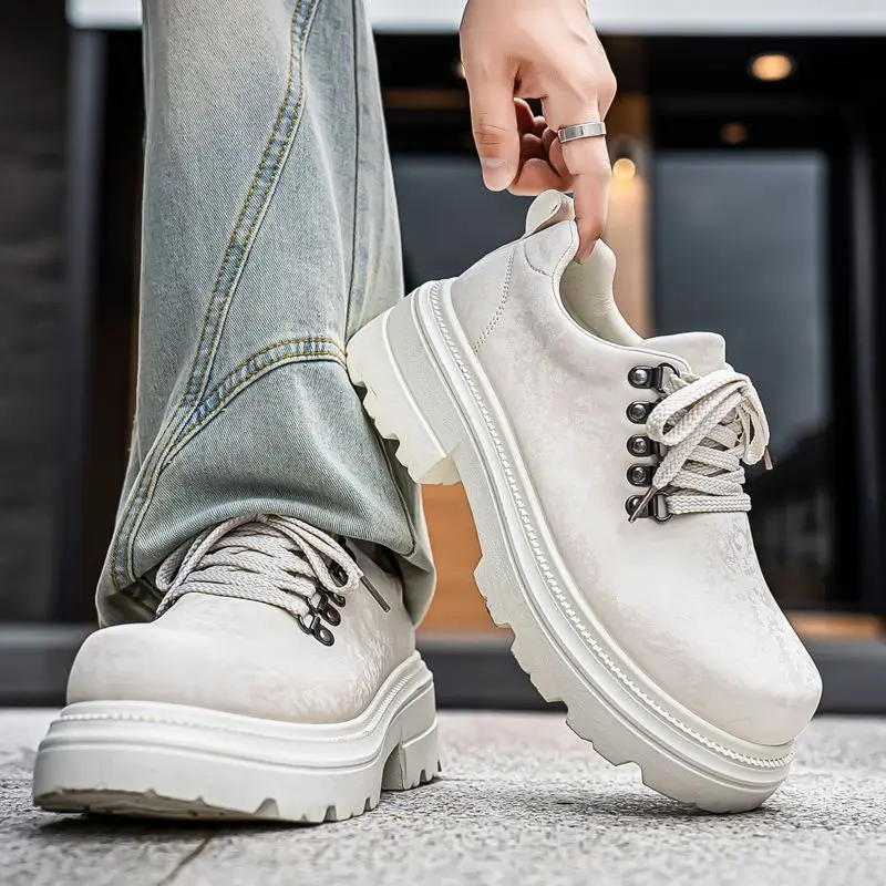 Winter Men Retro British Style Casual Leather Shoes Thick Platform Height Increase Black Chunky Work Boots