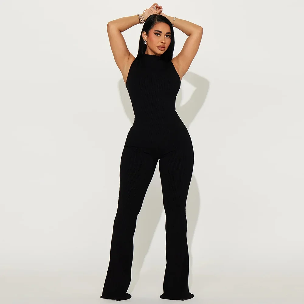 2024 New Women's Jumpsuit Round Neck Sleeveless Solid Color Flare Pants Tights Sexy Hot Girl Sports Style Club Clothing