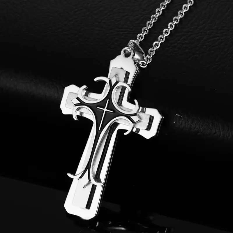 Retro Trendy Man Cross Necklace Men Golden Silver Side Zinc Alloy Cross-shape Pendant Necklace Vintage Jewelry Neck Decoration