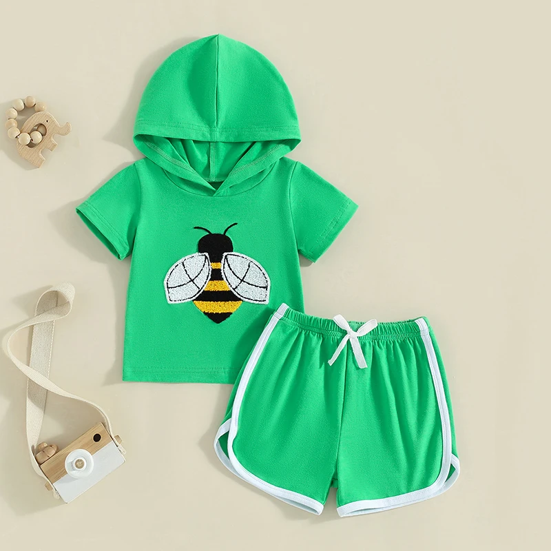 Toddler Boy Summer Outfit Bee Embroidery Short Sleeve Hood Tops with Elastic Waist Shorts 2 Pcs Clothes