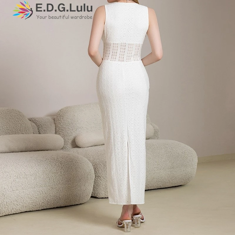 EDGLuLu Długa, seksowna sukienka damska z głębokim dekoltem w serek, bez rękawów, z wysoką talią, ażurowa, dzianinowa, łączona, z rozcięciem z tyłu, biała sukienka 0830