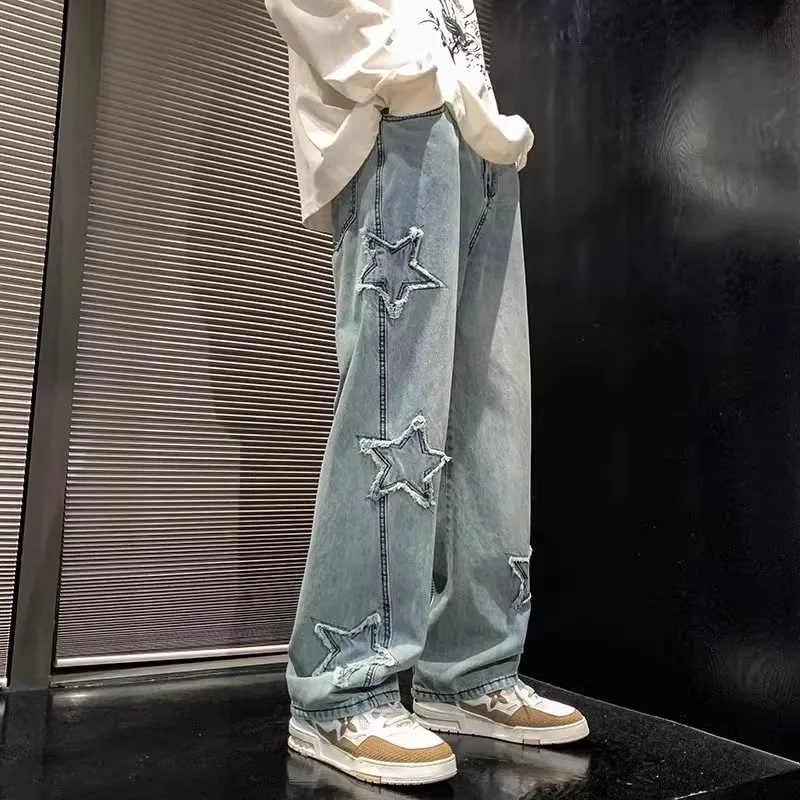 Retro High Street Vibe Loose Straight Leg Wide Leg Floor-Length Men's Jeans Five-pointed Star Patch Washed Casual Long Pants