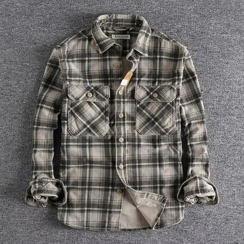 Classic Men's Plaid Long Sleeve Shirt Casual Artistic Trendy Comfortable Corduroy Vintage Spring Autumn American Style