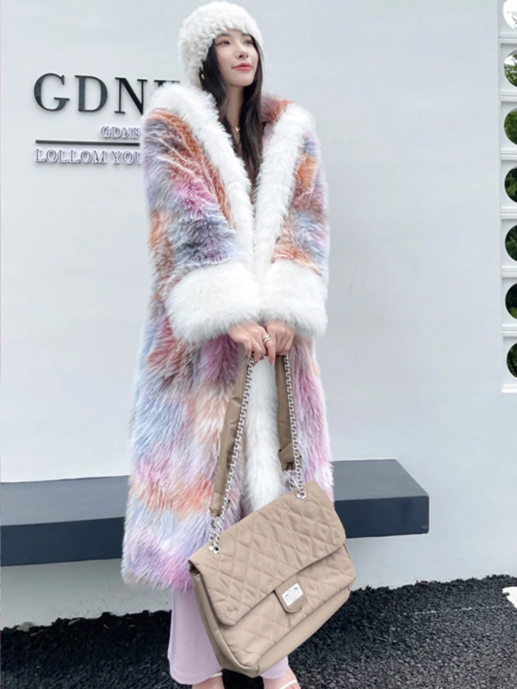 Pink Faux Fur Long Coat Women Tie Dye Print Hooded Faux Fur Coat Colorful Fashion 2023 Winter Thick Warm Fluffy Jacket Overcoat