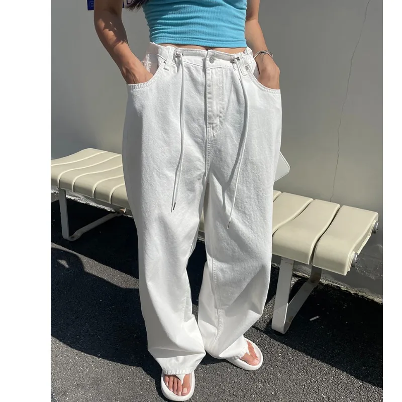 

Джинсы с высокой талией, широкими штанинами и прямым кроем, на шнурке, 2 цвета, повседневные, удобные, женские, для молодых женщин