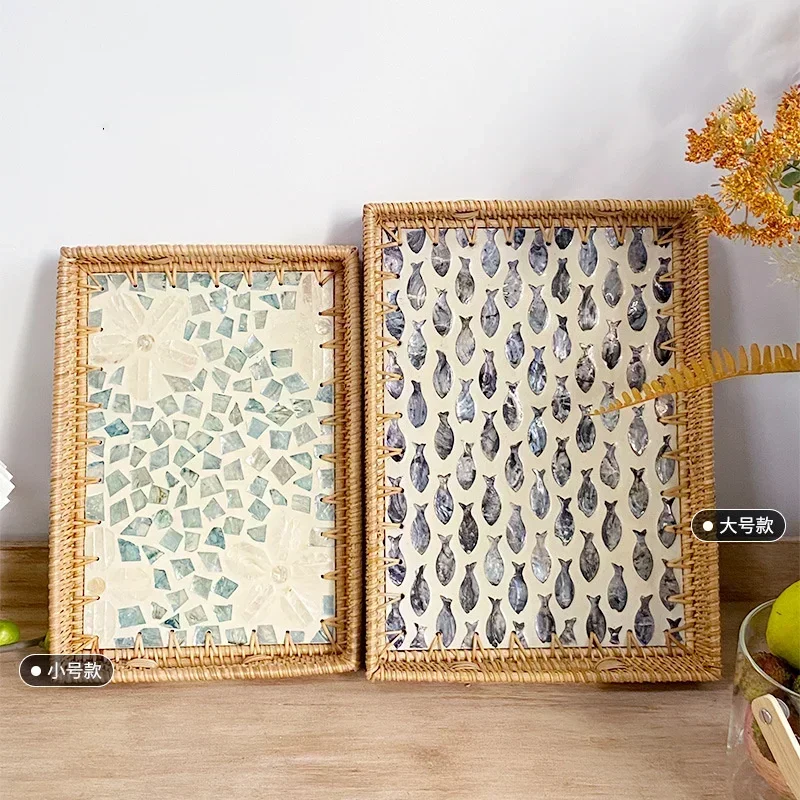 Rectangular Natural Shell Rattan Basket Creative Rattan Storage Tray Colorful Shell Storage Basket Fruit Dish Home Organizer