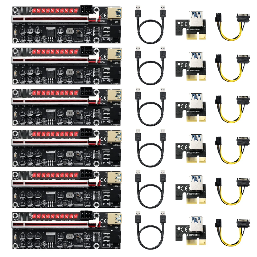 6Pc PCIE Riser V014 MAX Riser for Video Card Riser PCI Express X16 Extender Adapter with 3838 Flash LED for Bitcoin Miner Mining