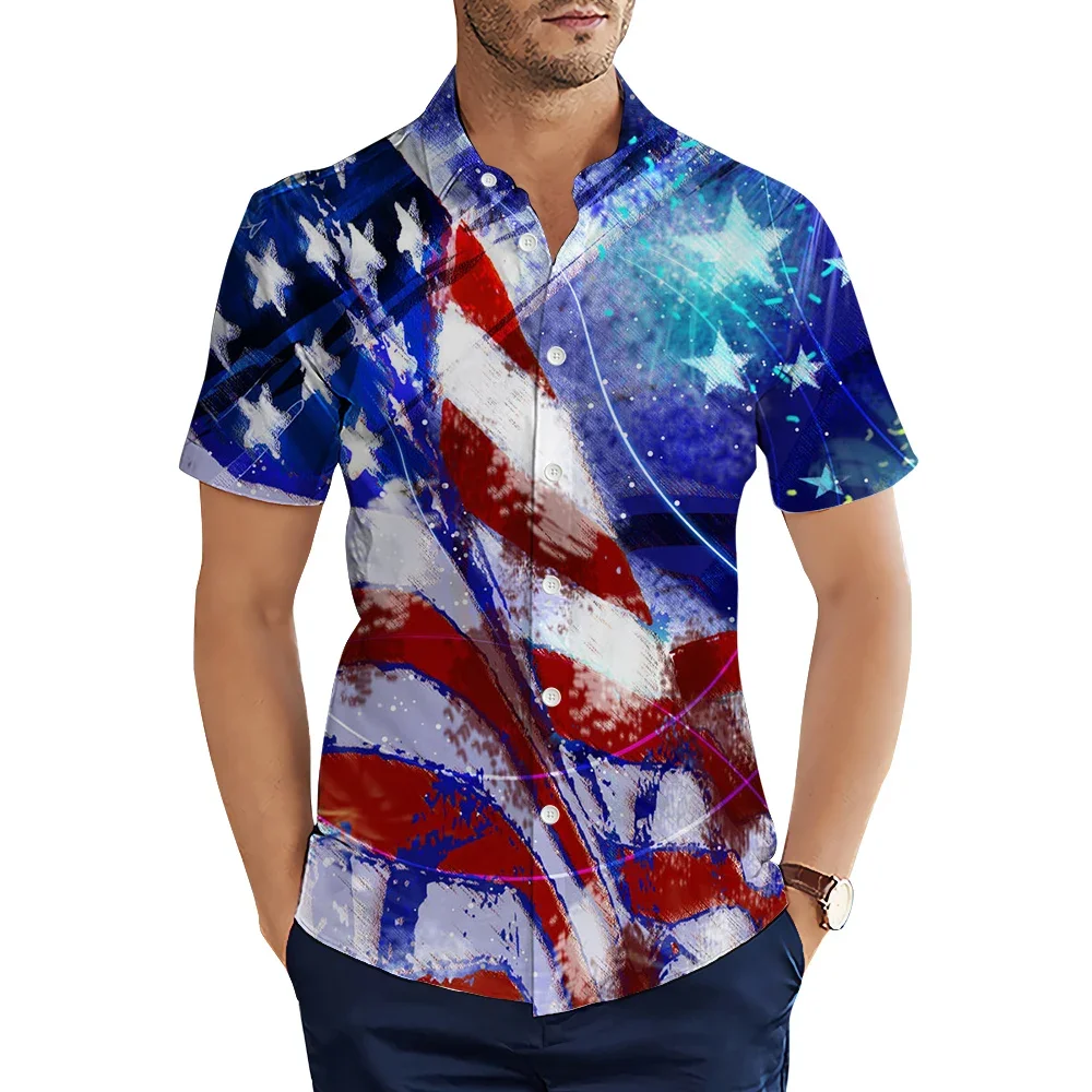 HX Fashion Men's Shirts American Independence Day Flag 3D Printed Casual Shirt Short Sleeve Shirts Streetwear Men Clothing