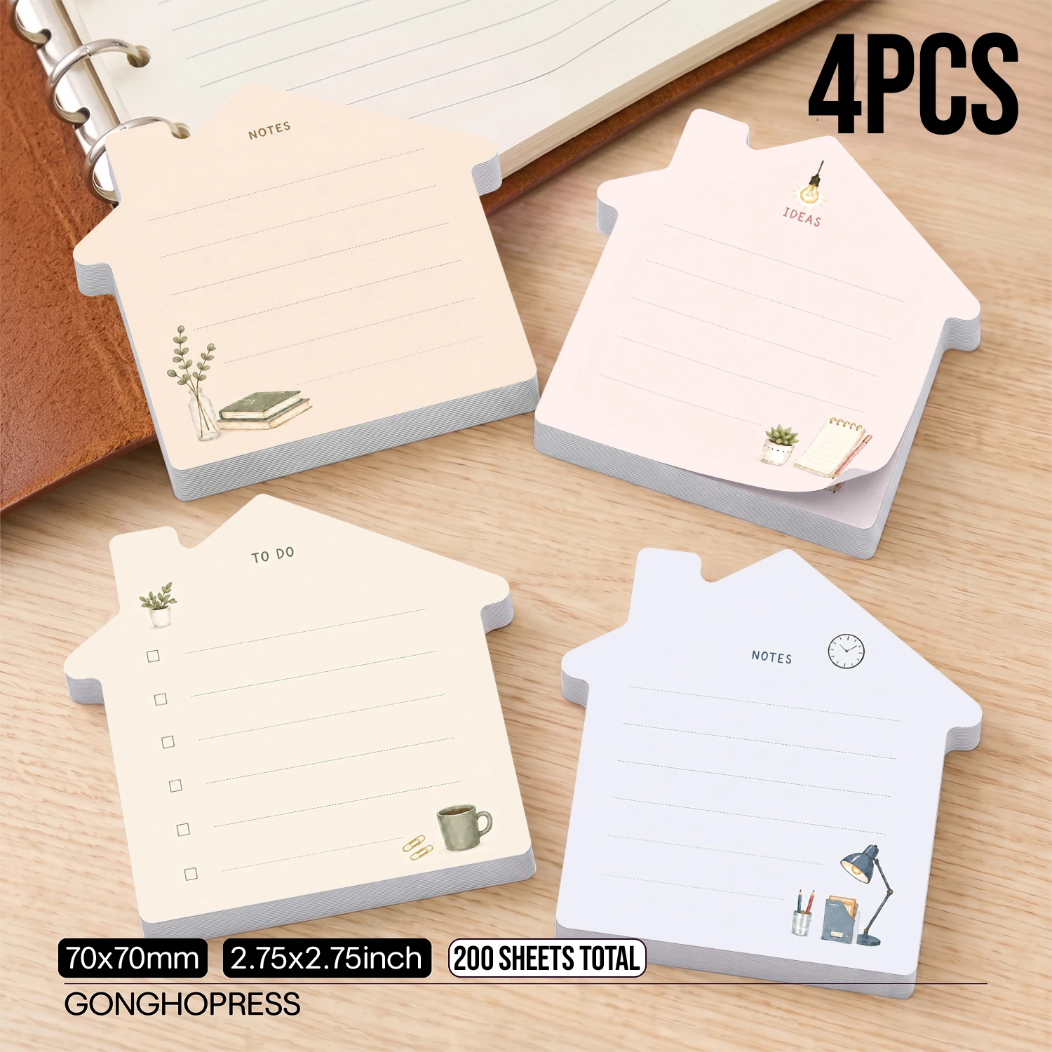 4PCS House Shaped Self Adhesive Sticky Notes 200 Sheets Lined Notes Ideas To Do List Memo Pads Cute Office Study Planner Reminde