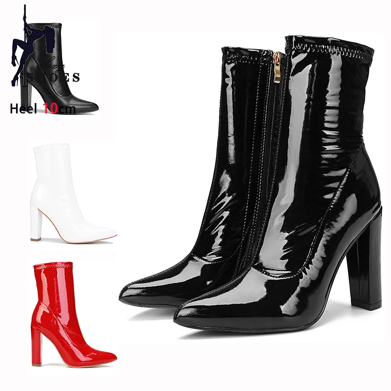 Women Ankle Boots 10CM Chunk Heels Pointed Toe Booties Spring Autumn Side Zipper Ladies Party Shoes Large Size Matte Black Boot