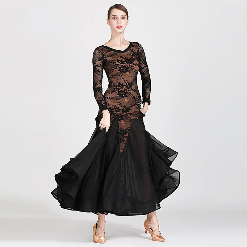 Adult Black Red Lace Standard Ballroom Dance Romantic Big Swing Skirt Girls Waltz Tango Galop Moden Competition Long Dress