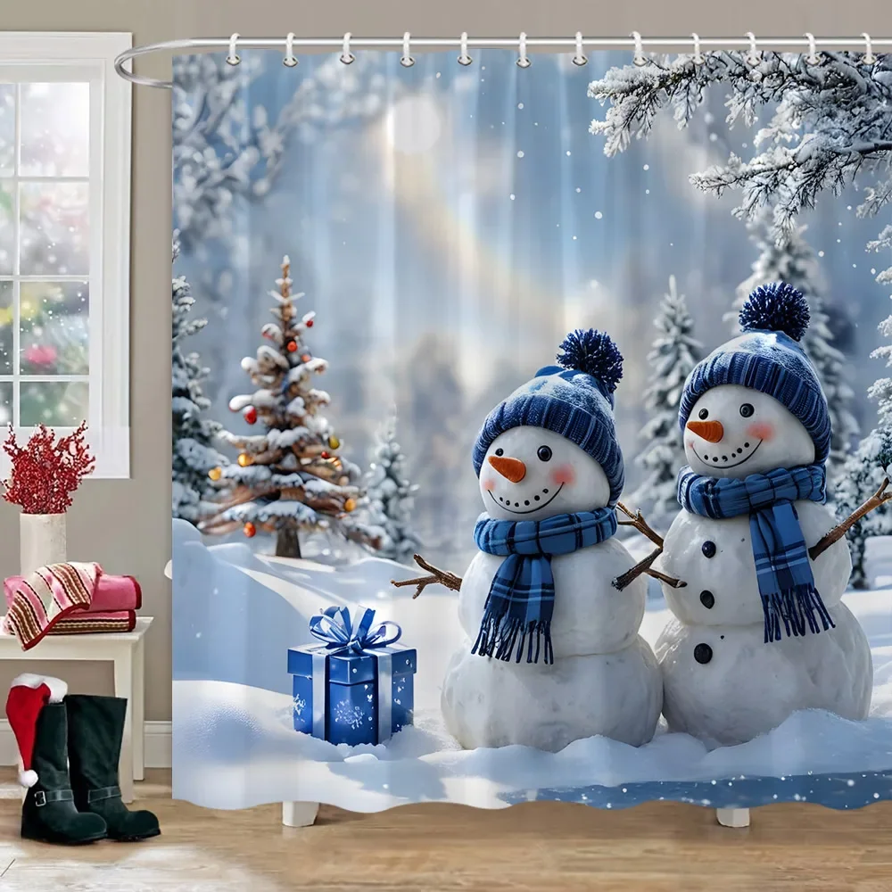 Christmas Snowman Shower Curtain Christmas Tree Winter Snow Christmas Gift Polyester Shower Curtains Bathroom Decor with Hooks