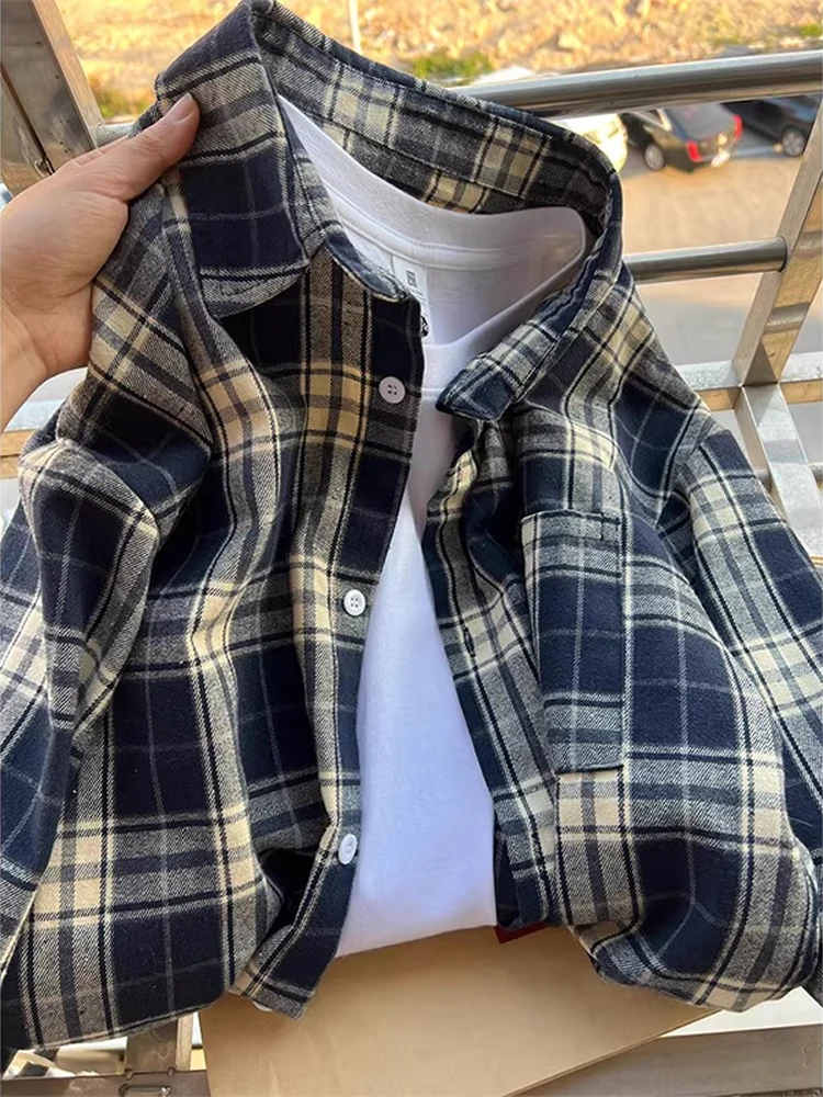 Autumn Aosphere Plaid Long Sve irt Men's Loose Casual Outerwear American Lazy Sle Button up Cotton Polyester Blend