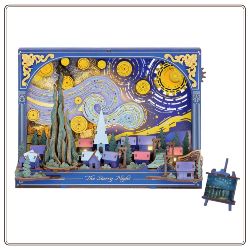 Nuovo ROKR Woodcraft Libro d'arte Notte stellata Fatto a mano Regalo fai da te Assemblaggio Blocchi di costruzione Ornamenti creativi di fiori e alberi