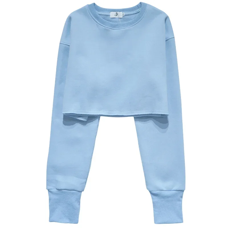 Causal 100% Cotton Short Crop Hoodie Women's Thin Round Neck High Wiast Short Pullover Ladies Long Sleeve Yoga Top Sweatshirt