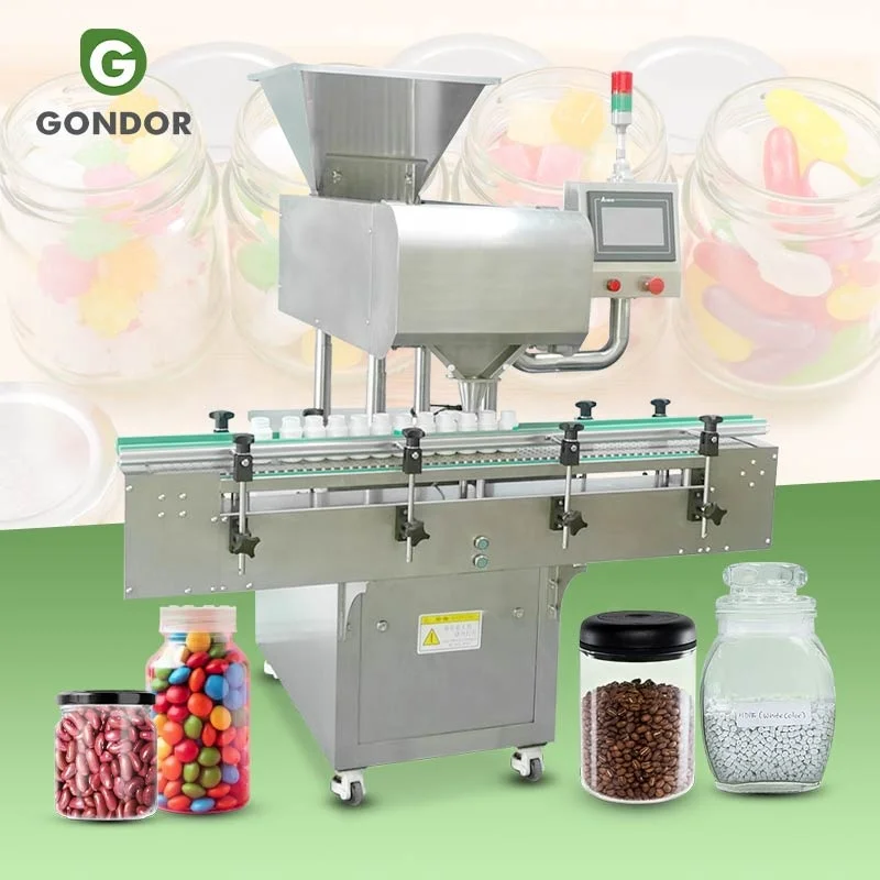 Máquina automática de alta velocidad para contar y llenar caramelos de goma, tabletas de leche y otros productos a granel.