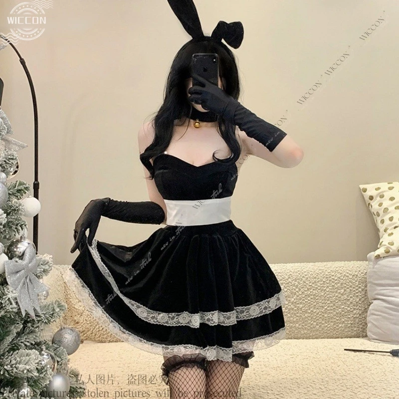 

New Christmas Dress Sexy Black And White Bunny Cosplay Costume Dating Outfit Festivals Bunny Girl Role Play Woman Adult Set