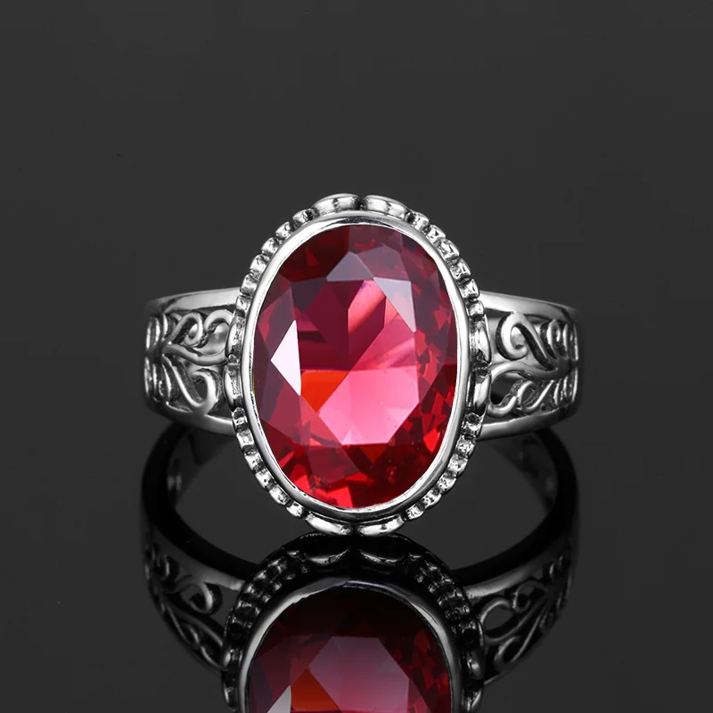 

Female Vintage Egg Shaped Oval Ruby Rings For Women Antique 925 Sterling Silver Synthetic Birthstone Wedding Bands Jewelry